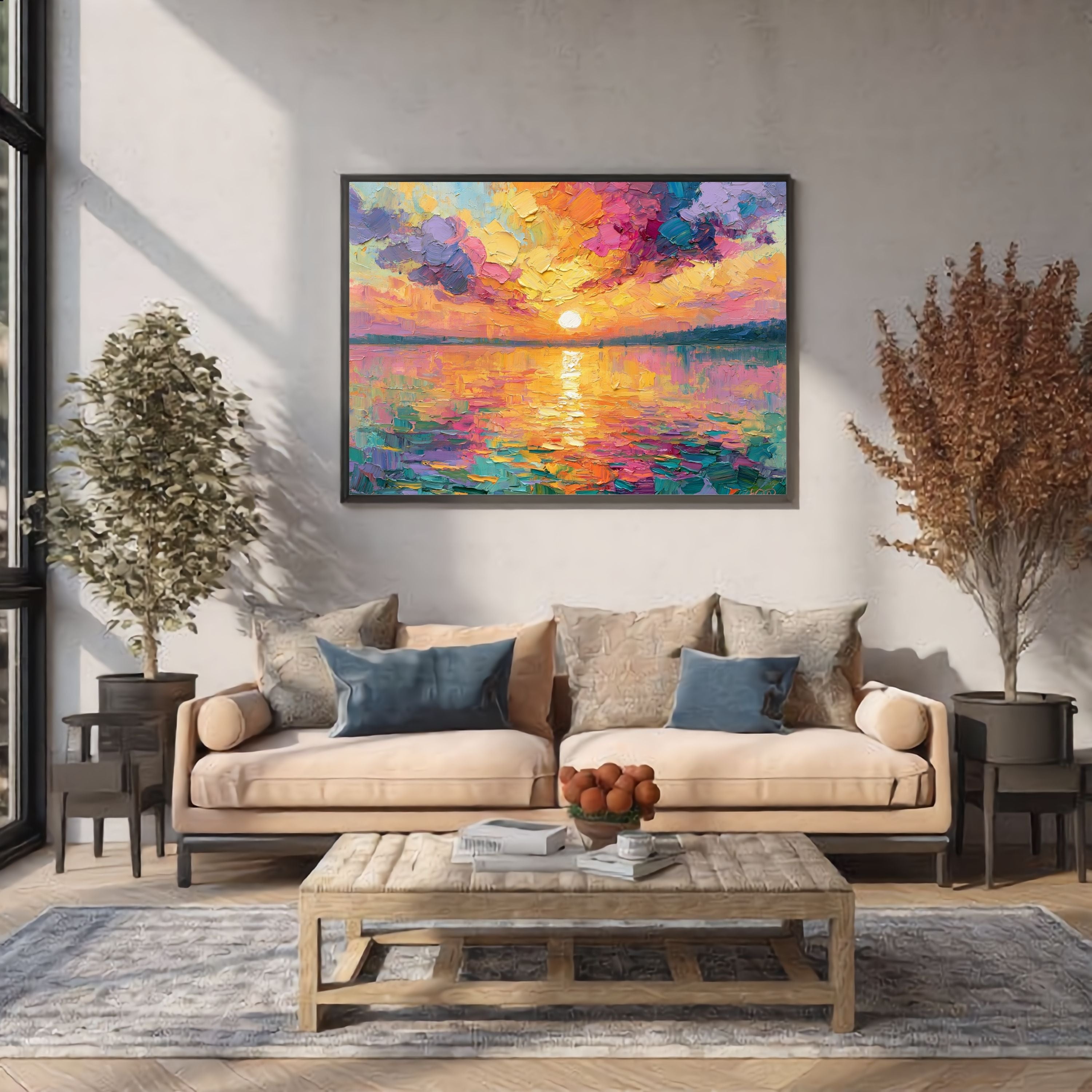 Framed Sunset Impasto Painting