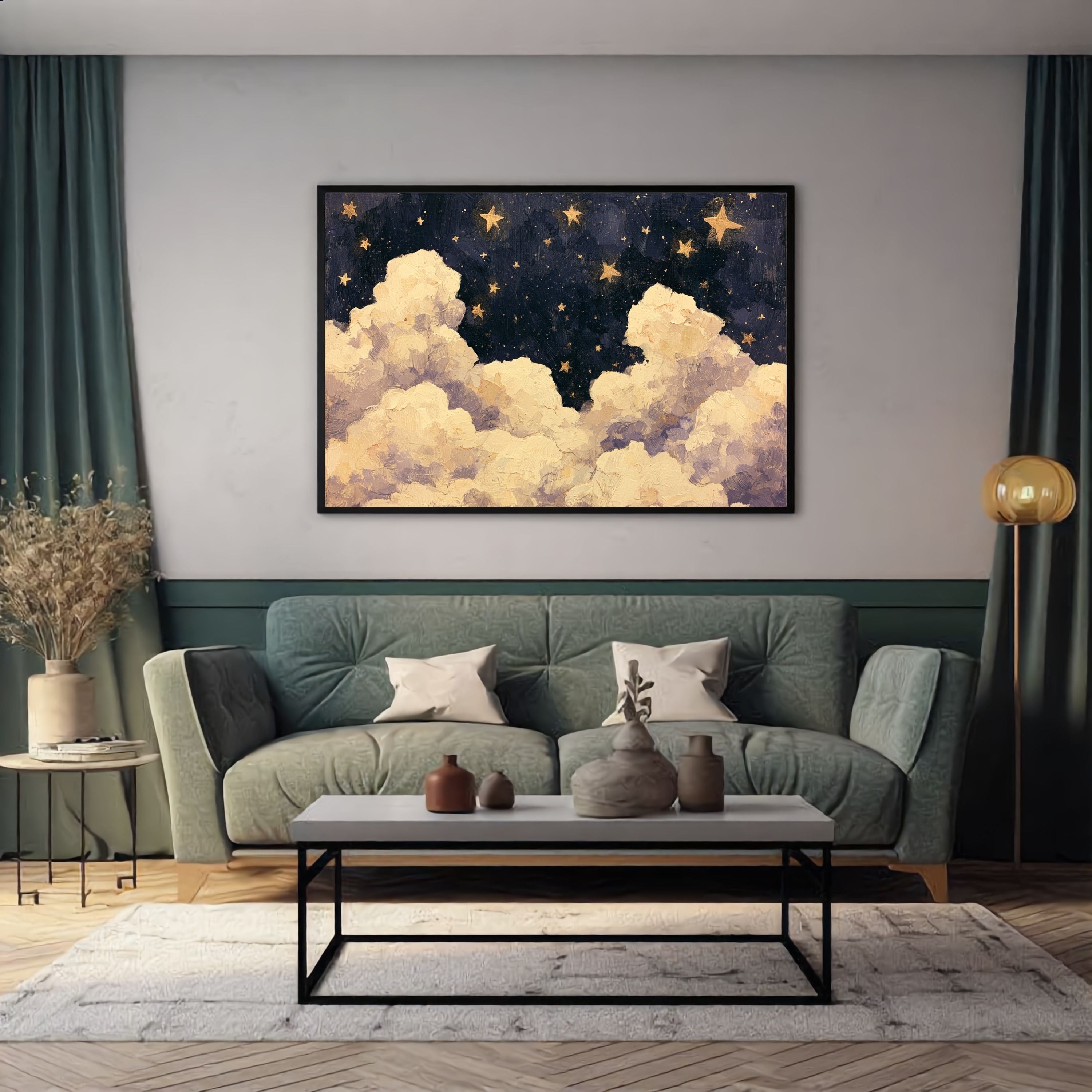 Blue Starry Night Clouds Painting