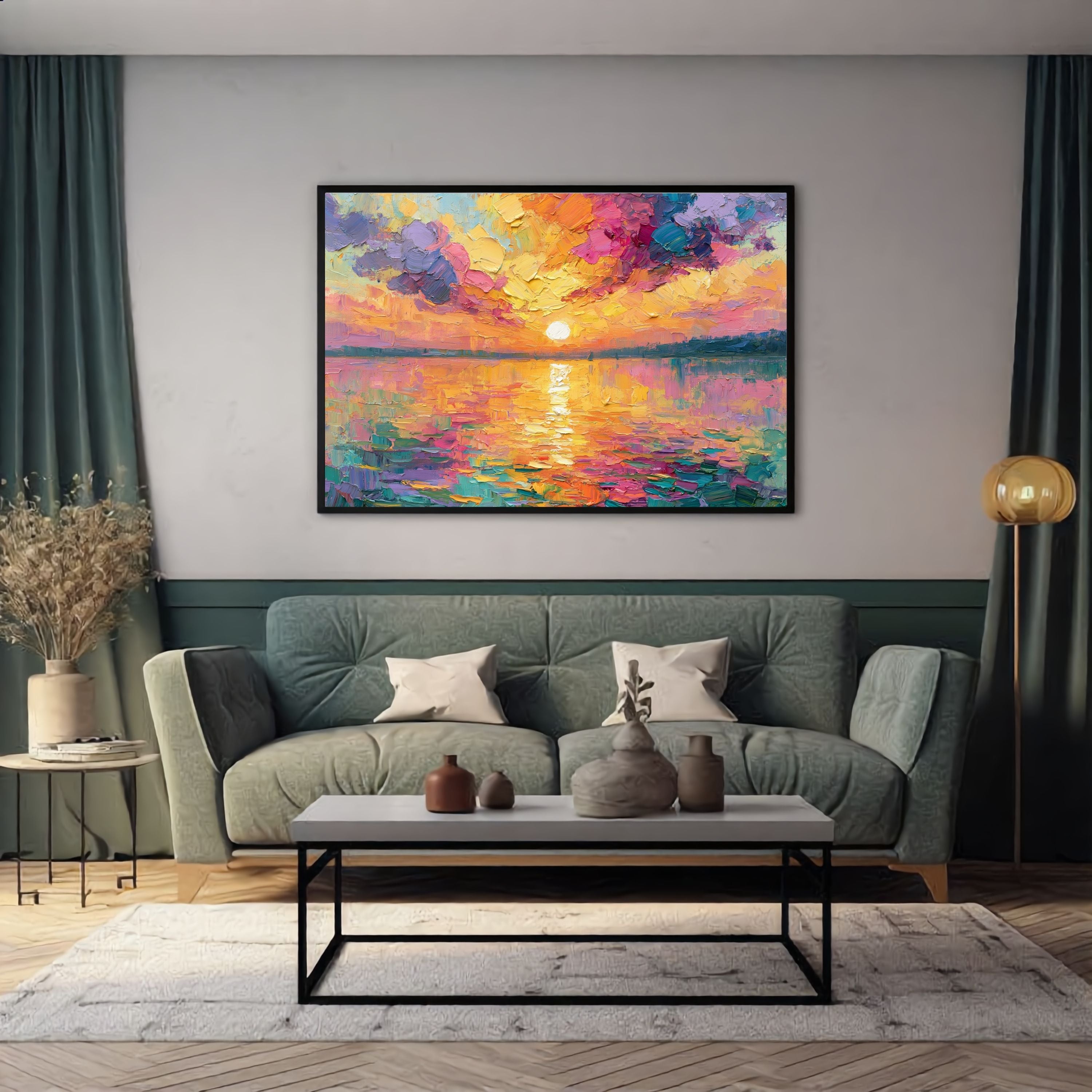 Framed Sunset Impasto Painting