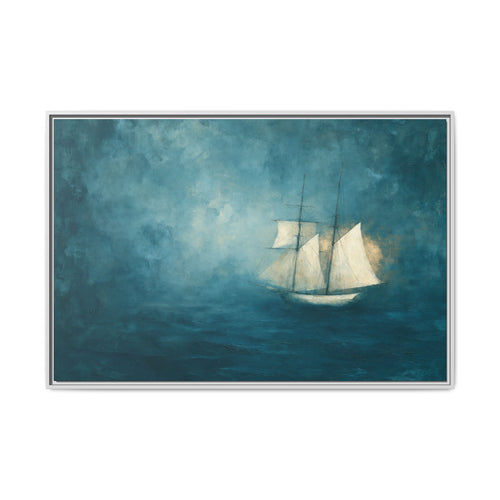Abstract Blue Sea Coastal Sailboat Painting