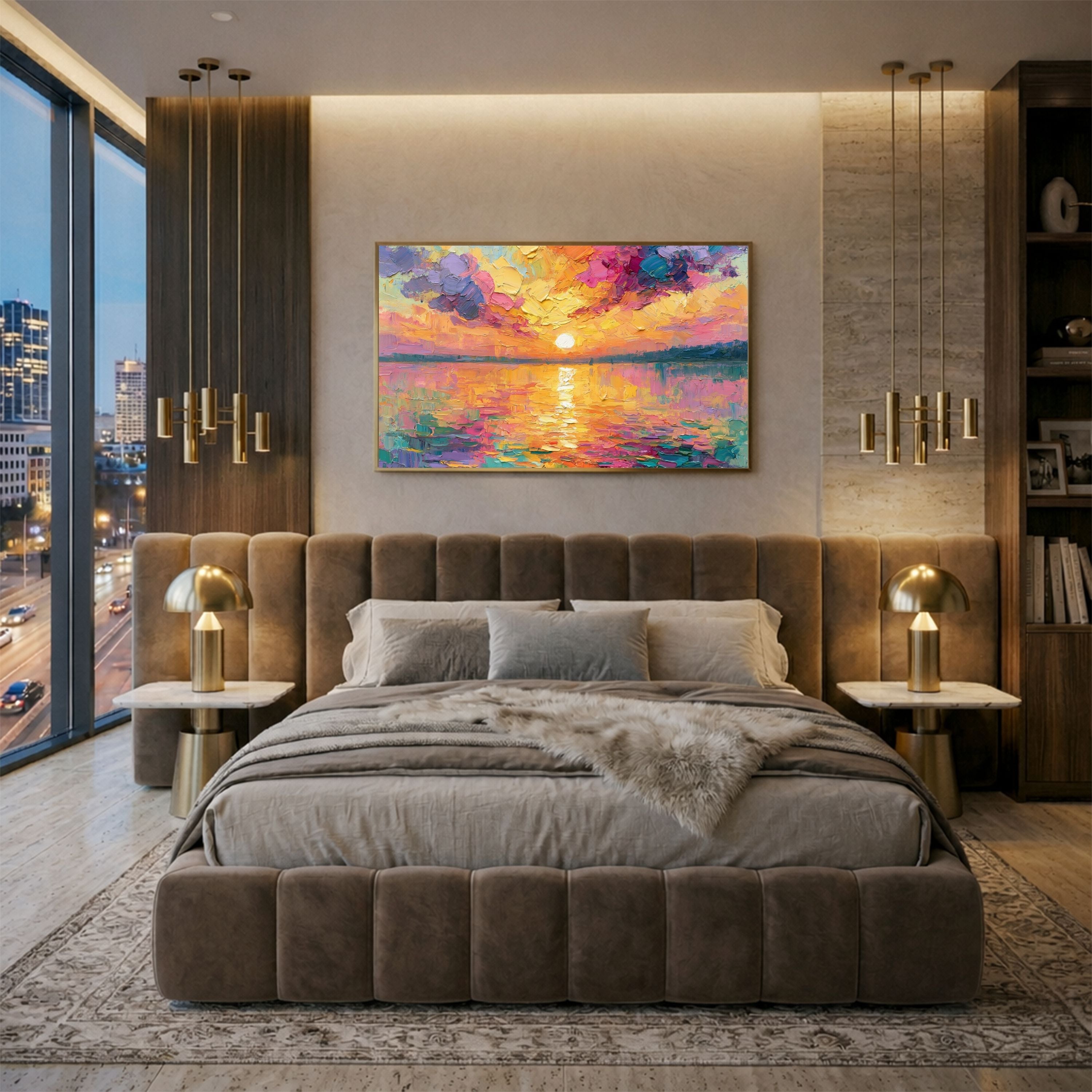 Framed Sunset Impasto Painting