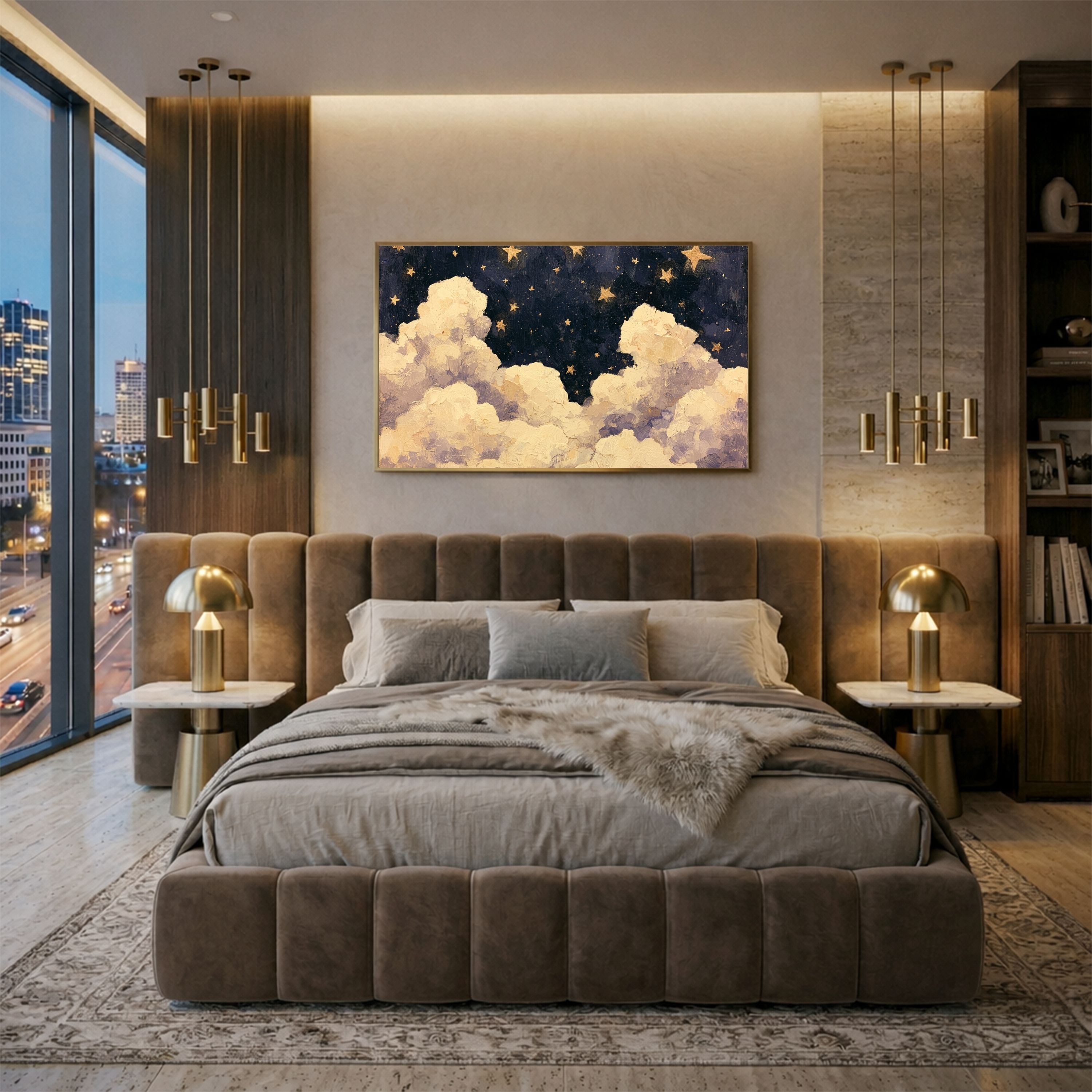 Blue Starry Night Clouds Painting