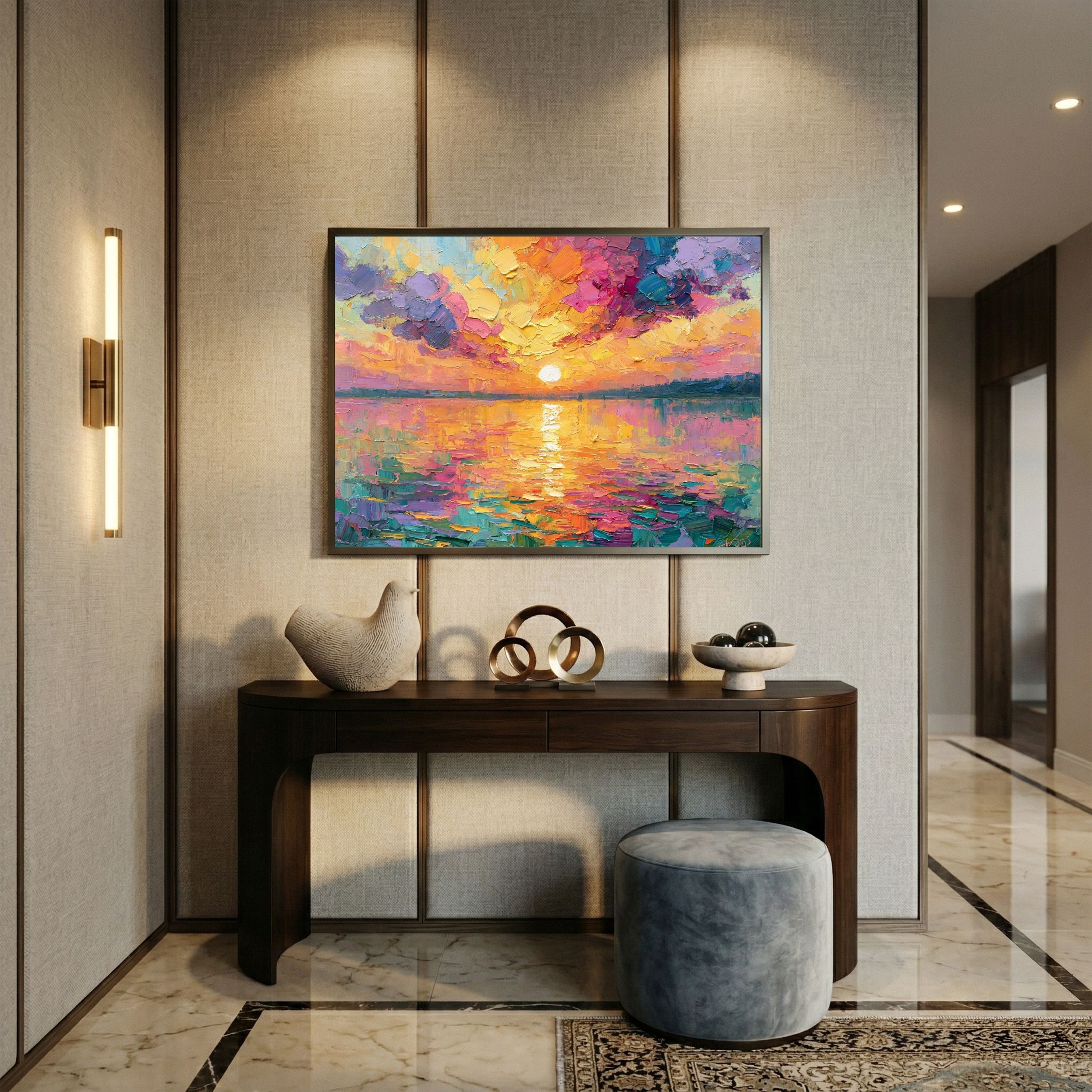 Framed Sunset Impasto Painting