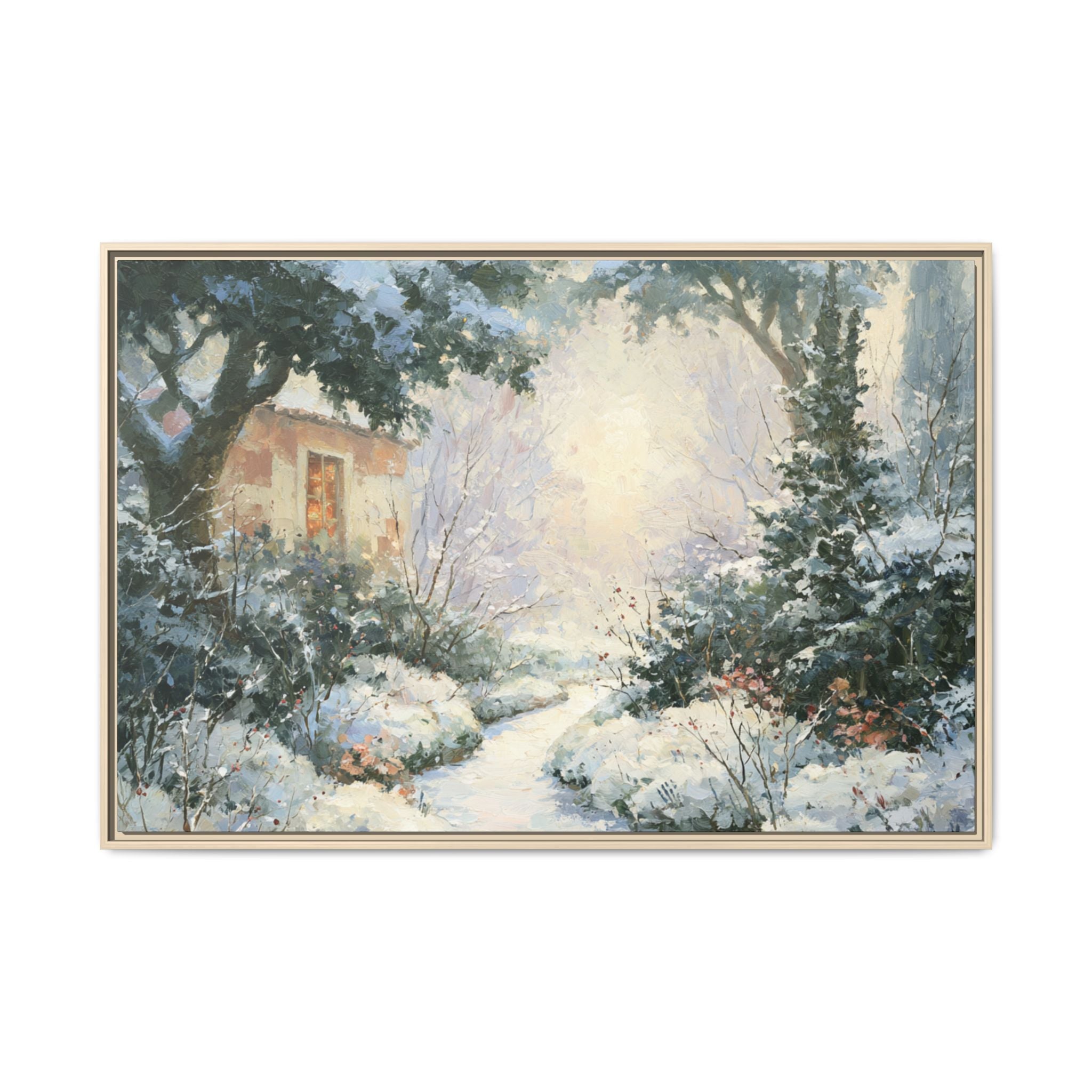 Cozy Winter Cottage Painting – Vintage Snowy Landscape Canvas Wall Art