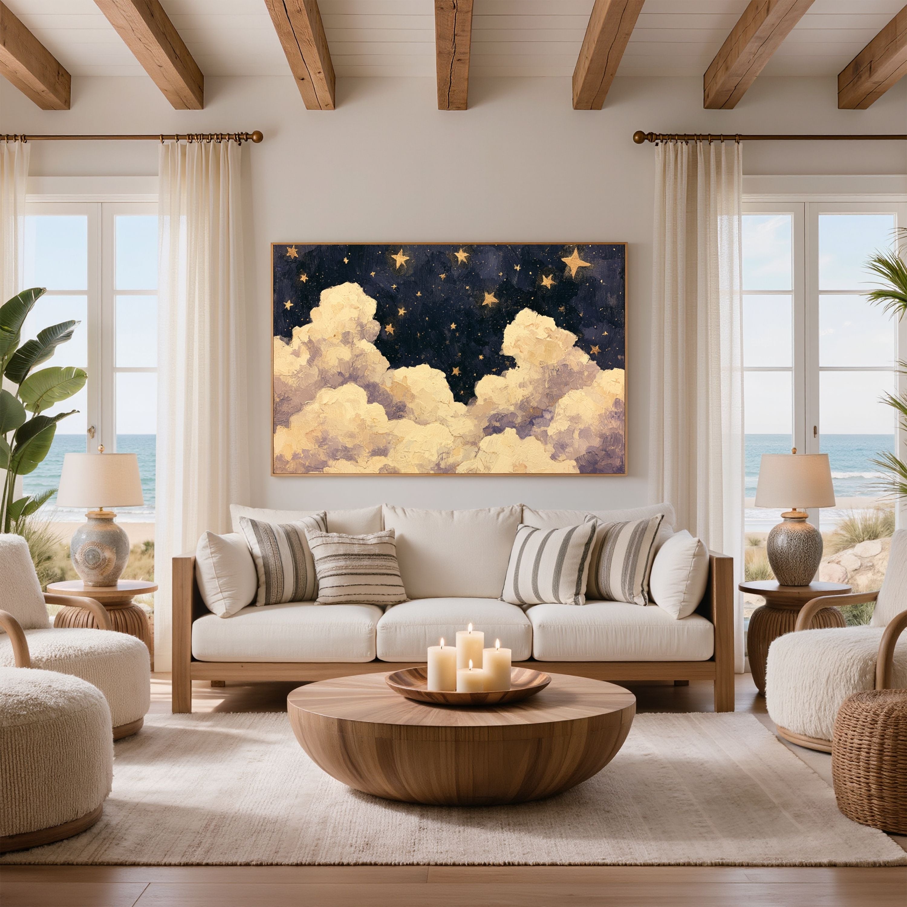 Blue Starry Night Clouds Painting
