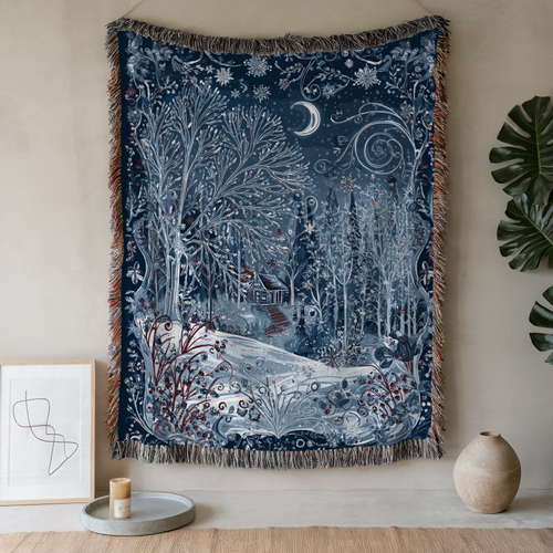 Blue Starry Night Sky Winter Woven Blanket Wall art Woven Tapestry