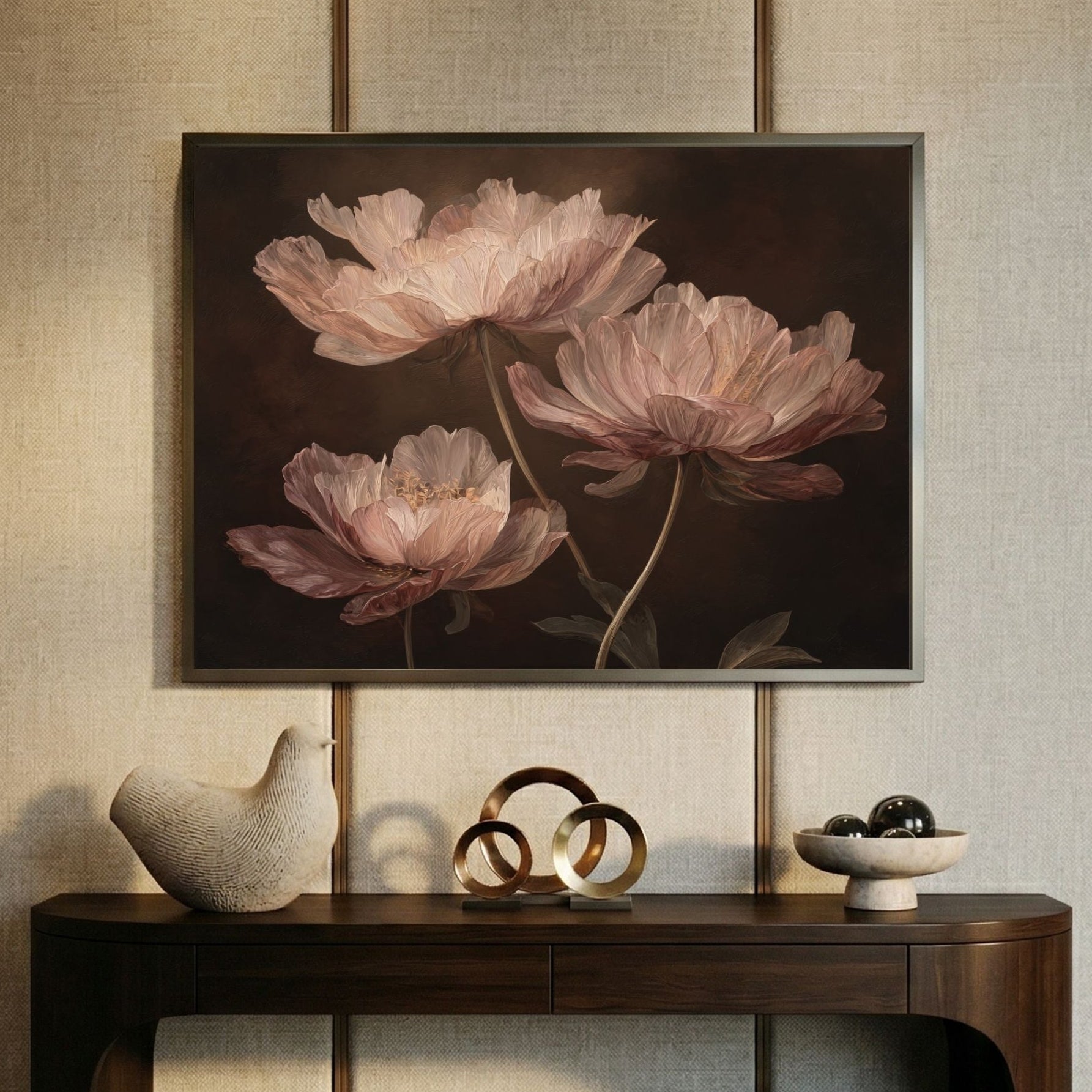 Vintage floral pink flowers wall art. Coffee brown backround wall art perfect for living room or dorm decor.