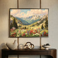 Landscape painting of mountains and floral wall art. Living room wall art or home decor painting. Dorm room decor.