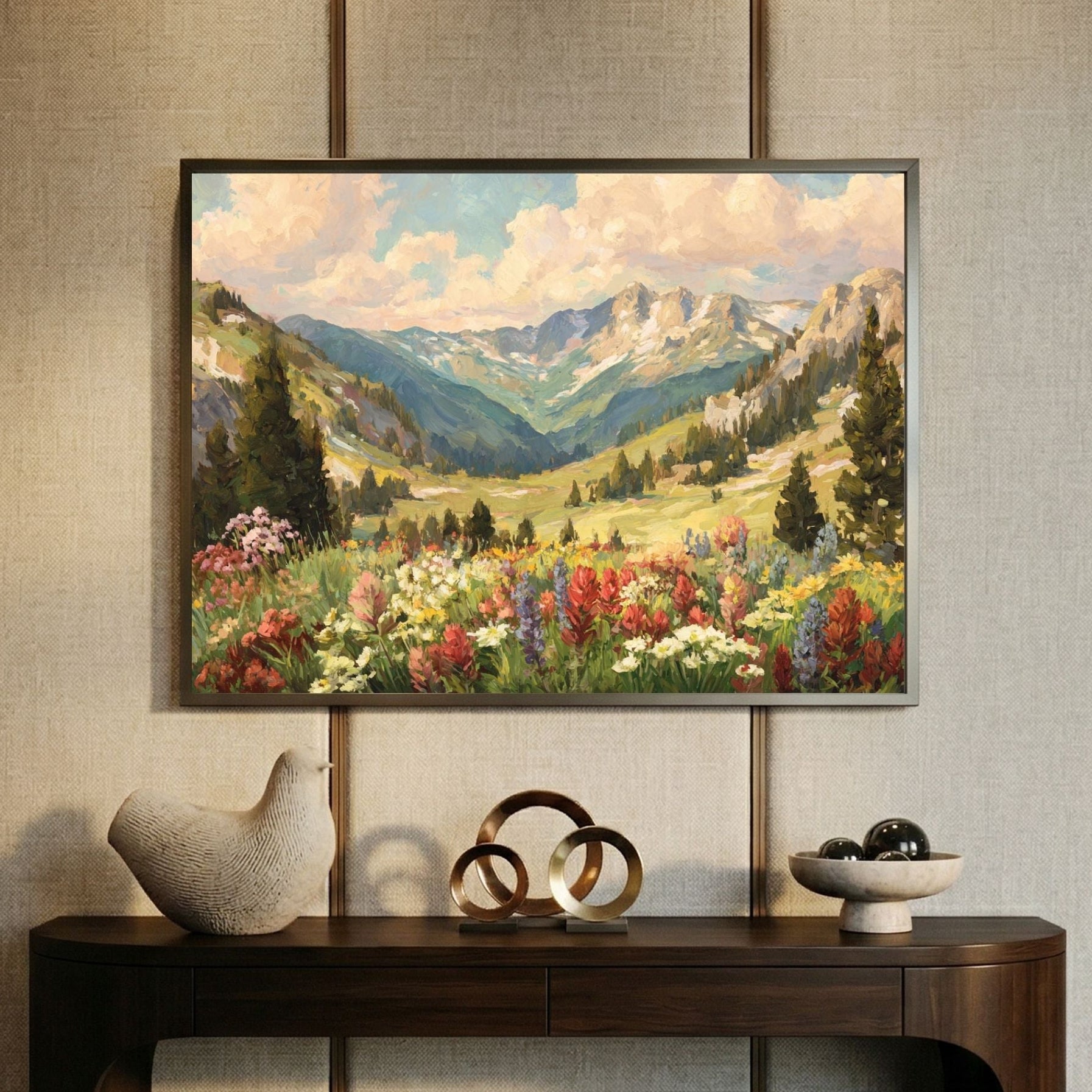 Landscape painting of mountains and floral wall art. Living room wall art or home decor painting. Dorm room decor.