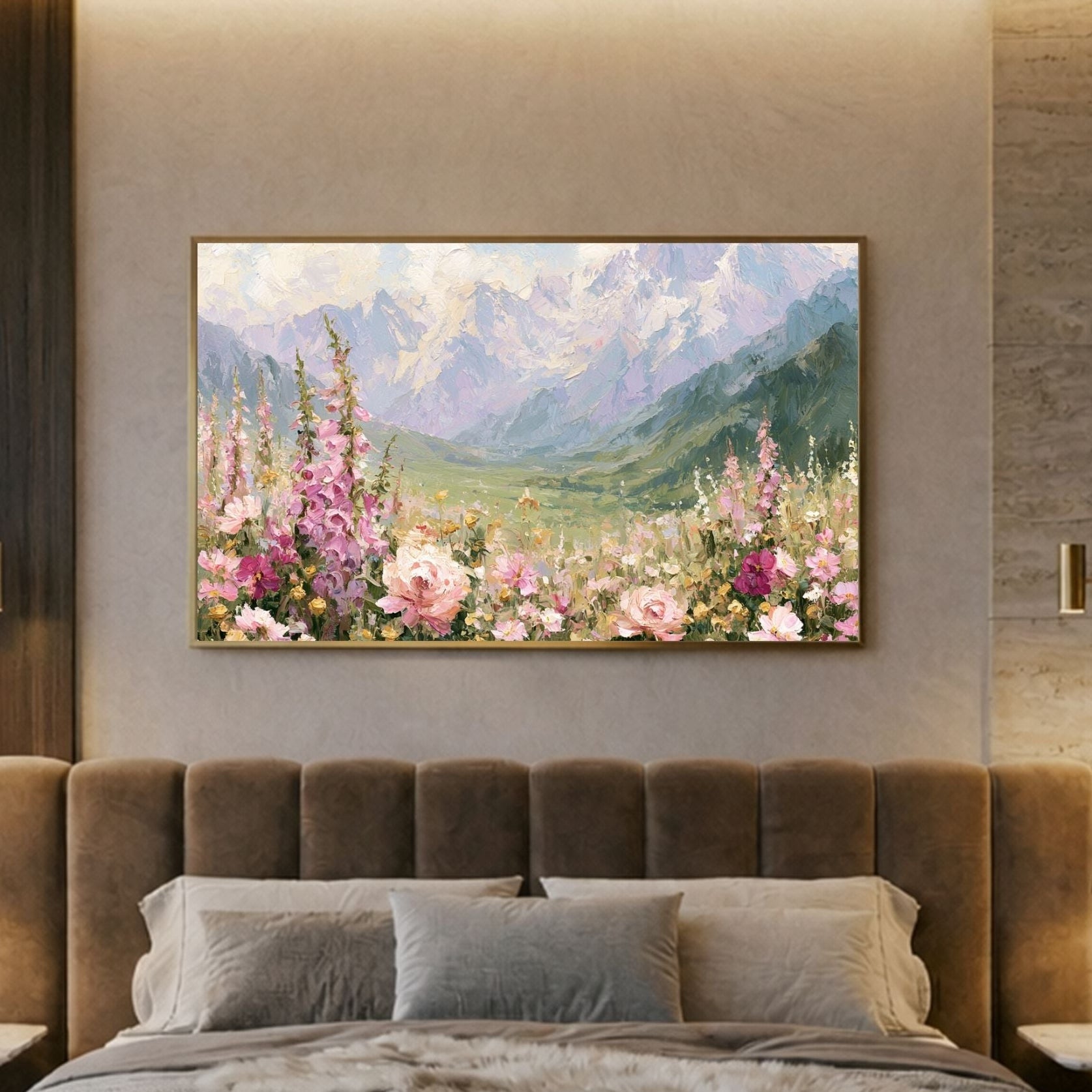 Mountains wall art, Landscape painting for living room or home decor. Floral painting living room wall art.