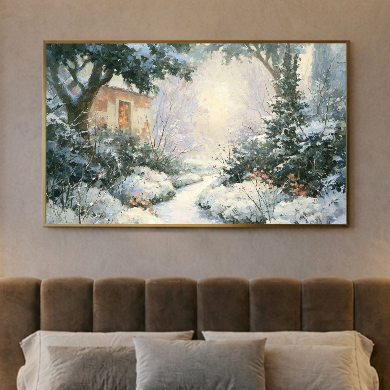 Cozy Winter Cottage Painting, Vintage Wall Art, Snowy Landscape Print, Rustic French Country Decor, Antique seasonal Canvas