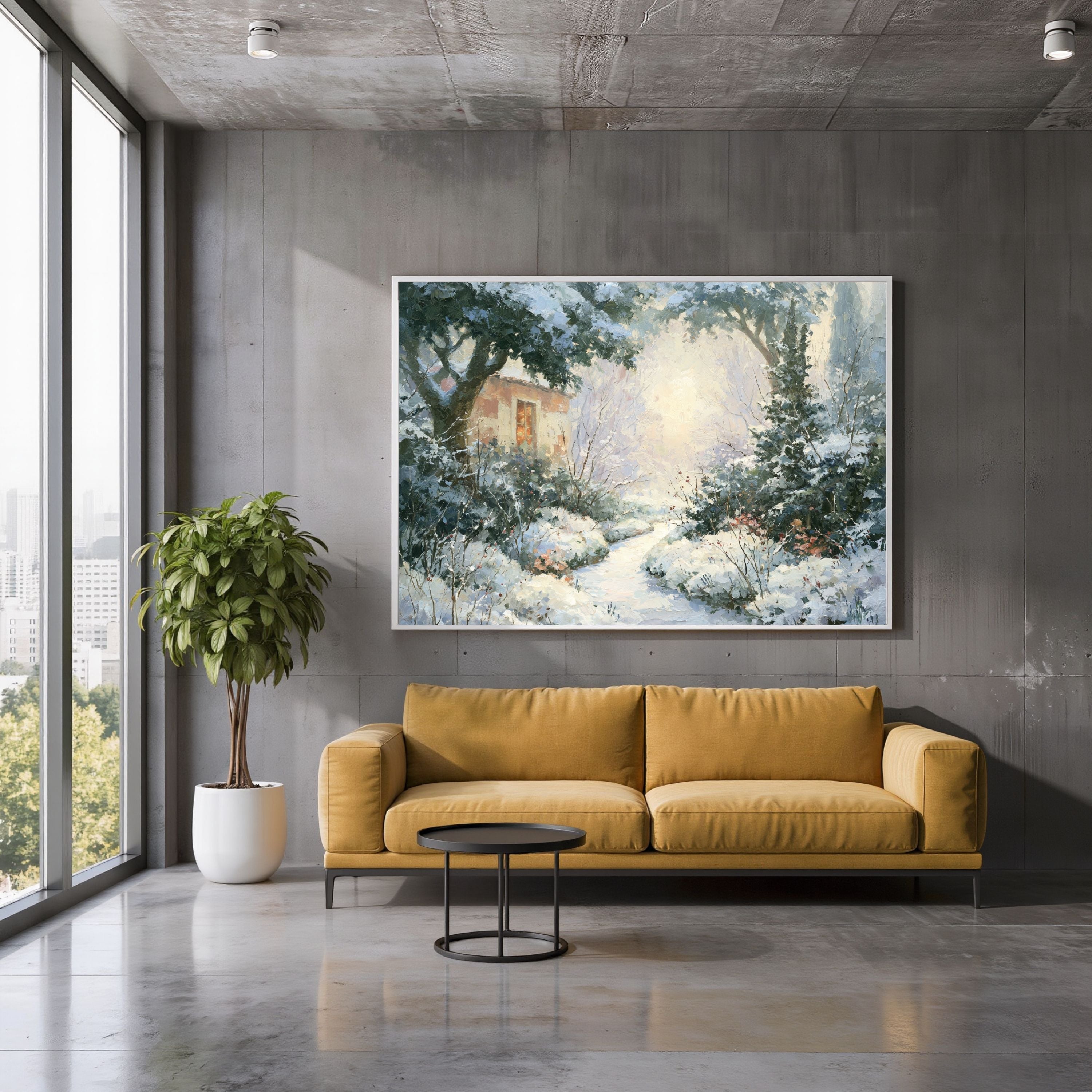 Cozy Winter Cottage Painting – Vintage Snowy Landscape Canvas Wall Art