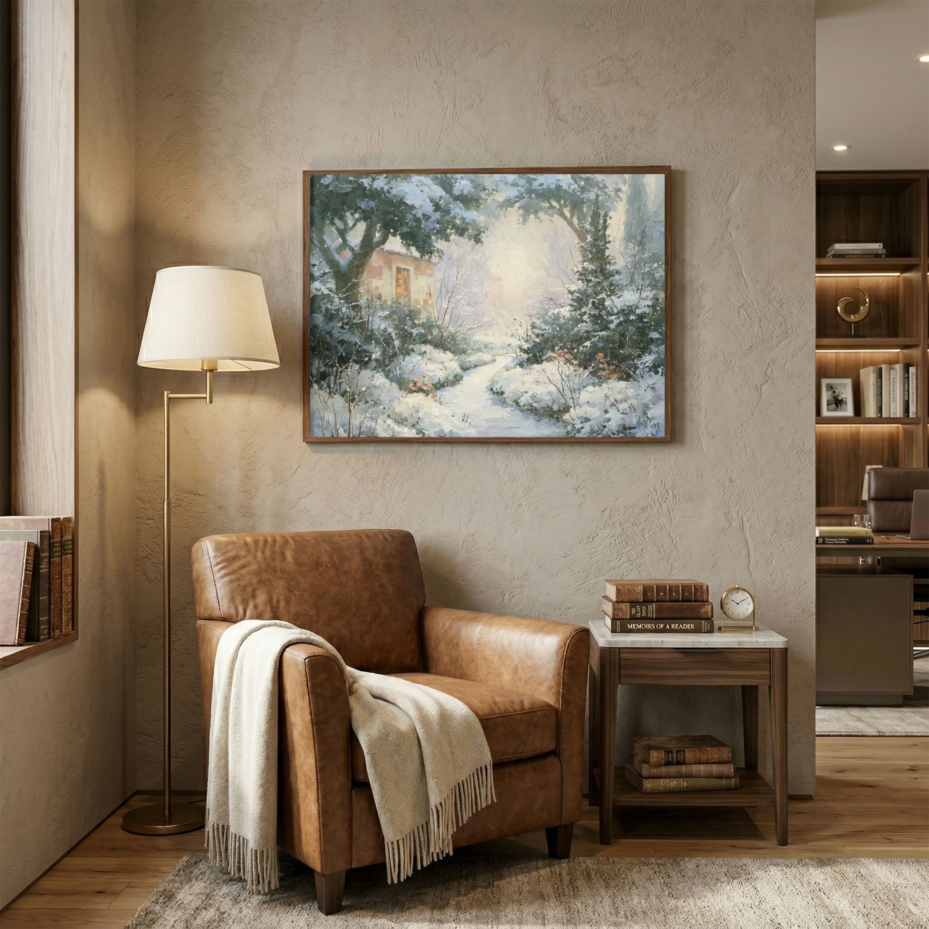 Cozy Winter Cottage Painting – Vintage Snowy Landscape Canvas Wall Art