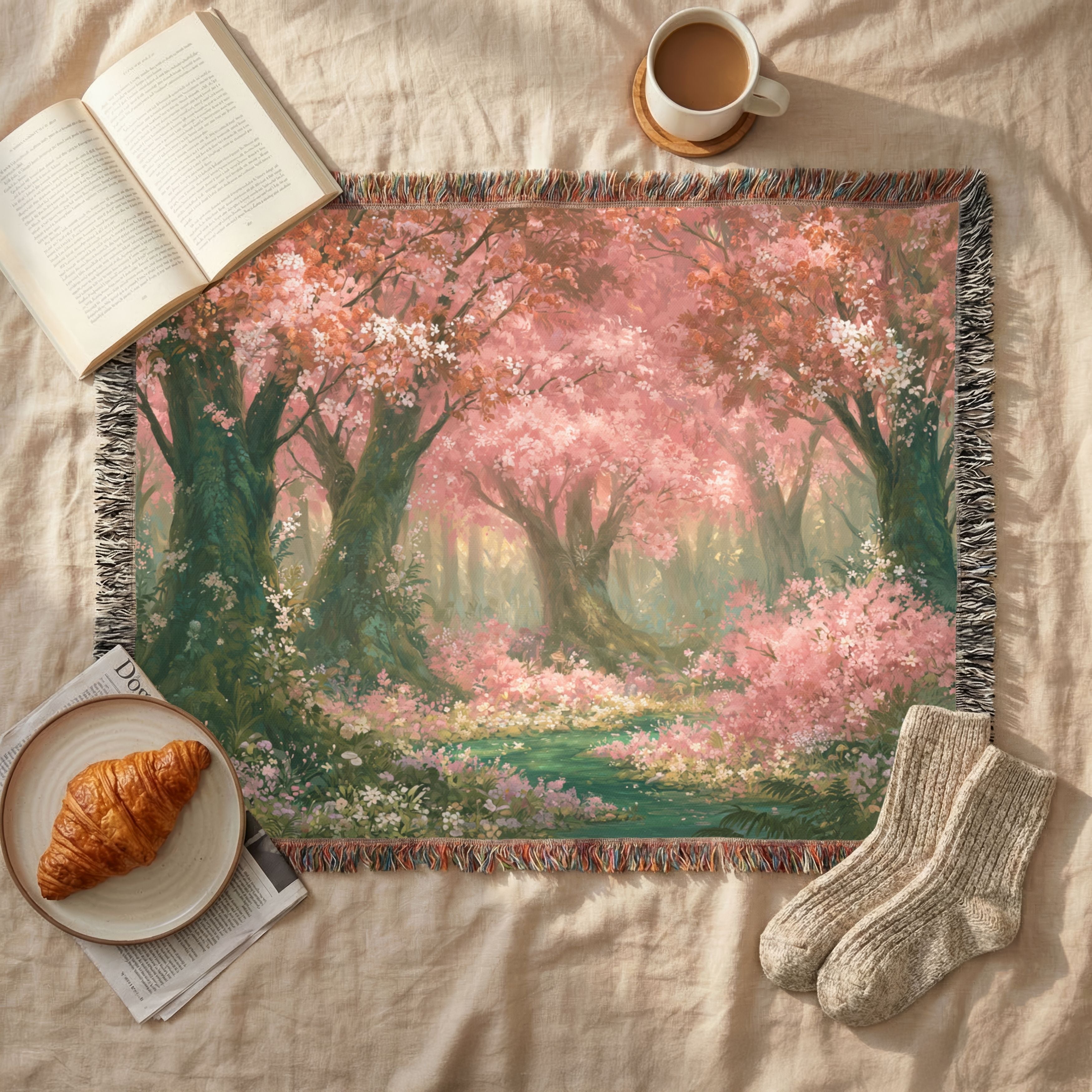 Cherry Blossom Forest Woven Blanket | Spring Floral Tapestry Throw