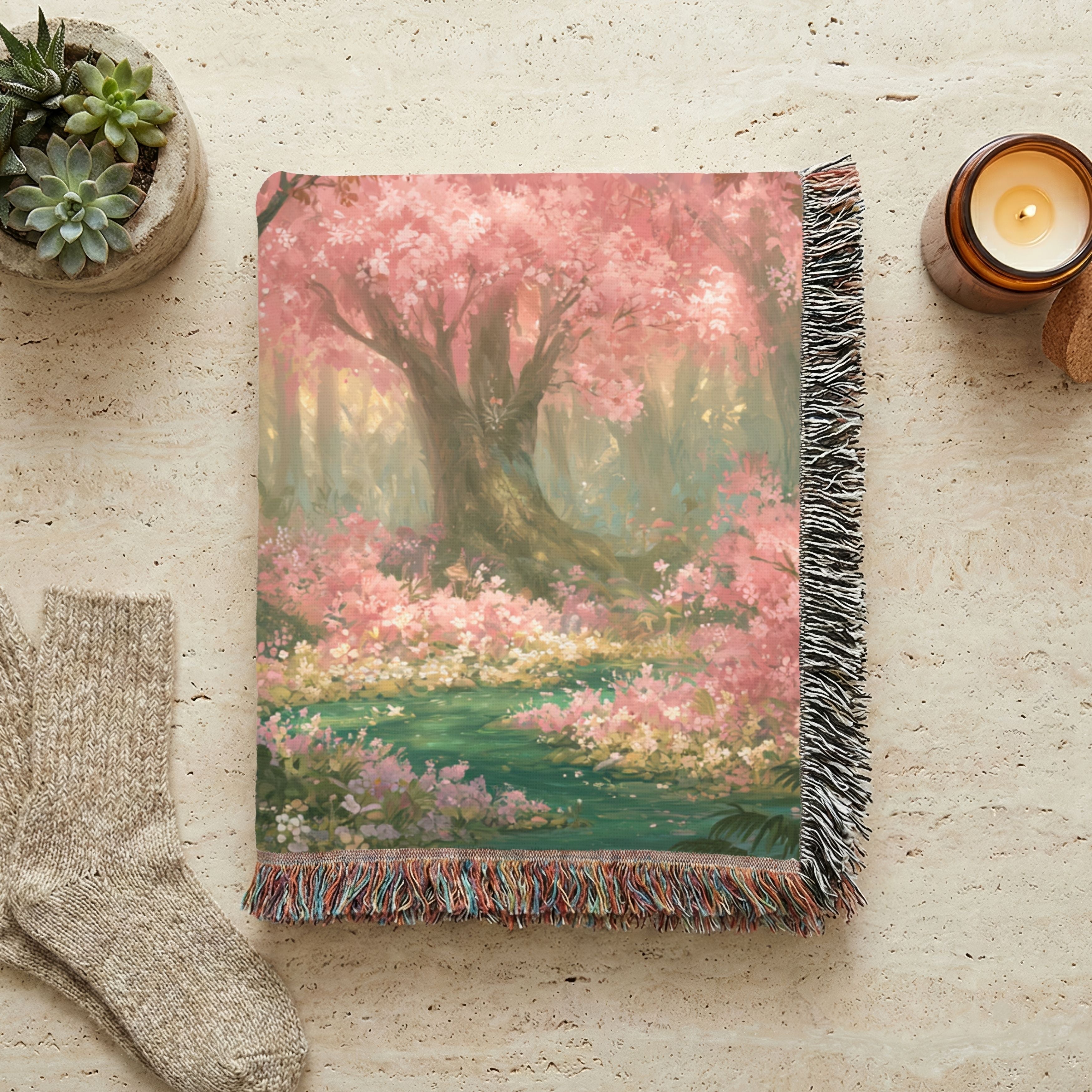 Cherry Blossom Forest Woven Blanket | Spring Floral Tapestry Throw