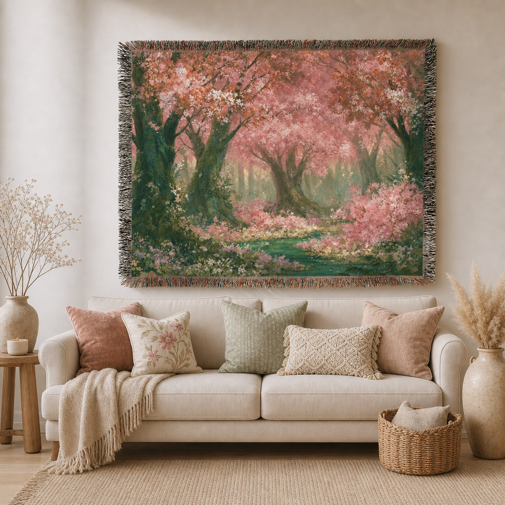 Cherry Blossom Forest Woven Blanket | Spring Floral Tapestry Throw