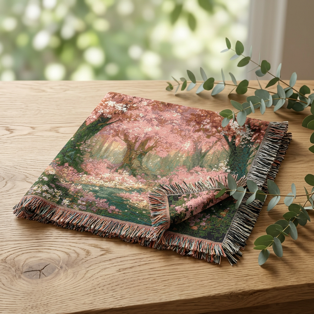 Cherry Blossom Forest Woven Blanket | Spring Floral Tapestry Throw