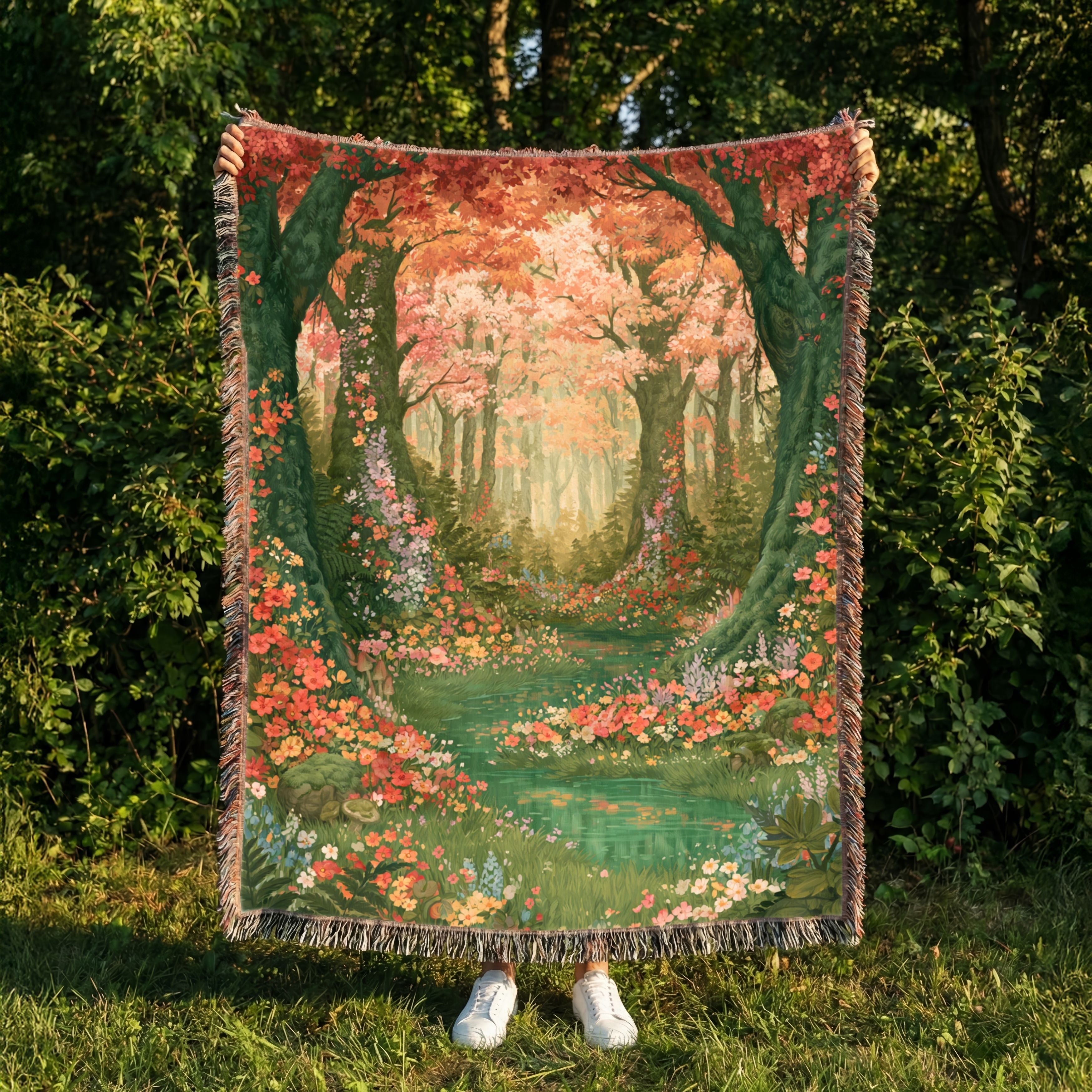 Abstract Forest Autumn Themed Woven Blanket | Tapestry Throw, Nature-Inspired Living room wall art
