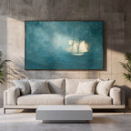 Abstract Blue Sea Coastal Sailboat Painting