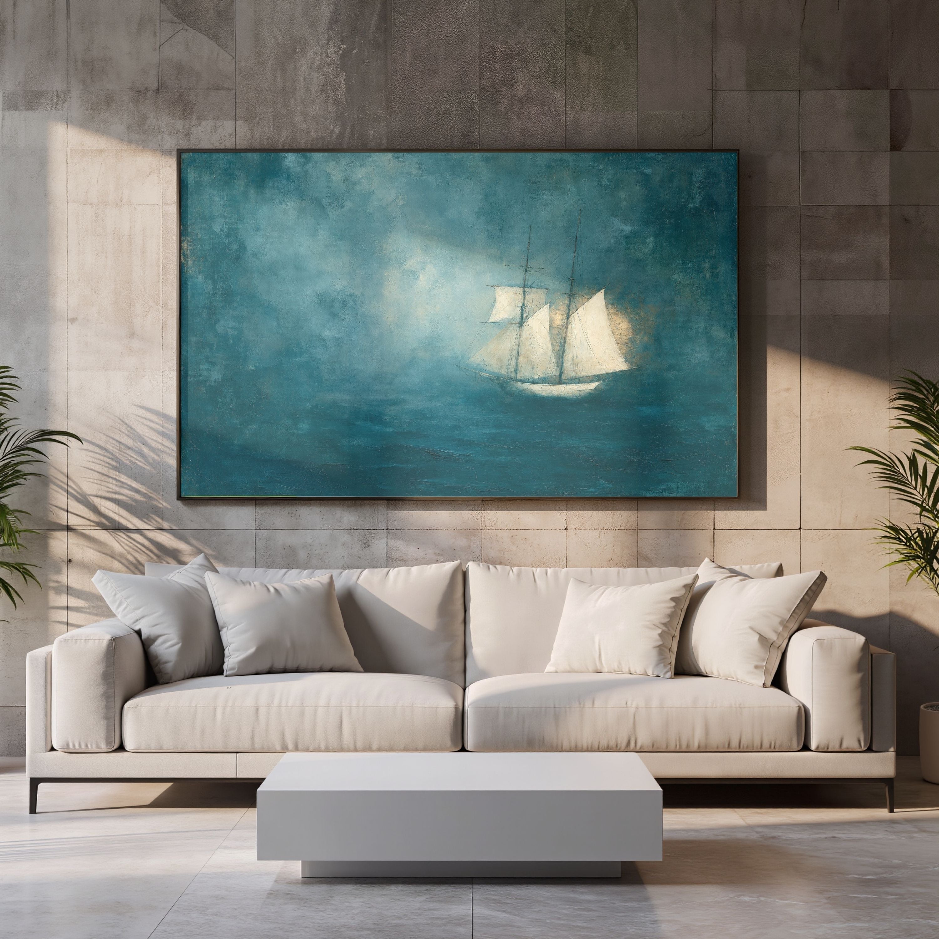 Abstract Blue Sea Coastal Sailboat Painting