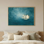 Abstract Blue Sea Coastal Sailboat Painting