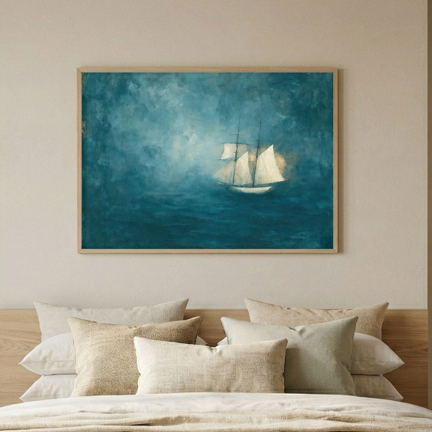 Abstract Blue Sea Coastal Sailboat Painting