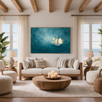 Abstract Blue Sea Coastal Sailboat Painting