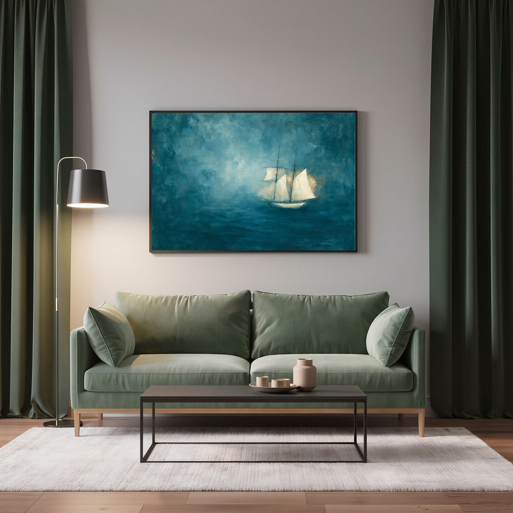Abstract Blue Sea Coastal Sailboat Painting