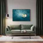 Abstract Blue Sea Coastal Sailboat Painting