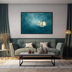 Abstract Blue Sea Coastal Sailboat Painting