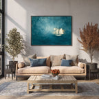 Abstract Blue Sea Coastal Sailboat Painting