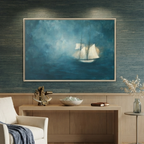 A large framed painting of a white sailing ship on a deep blue sea, abstract wall painting living room home decor oil painting
