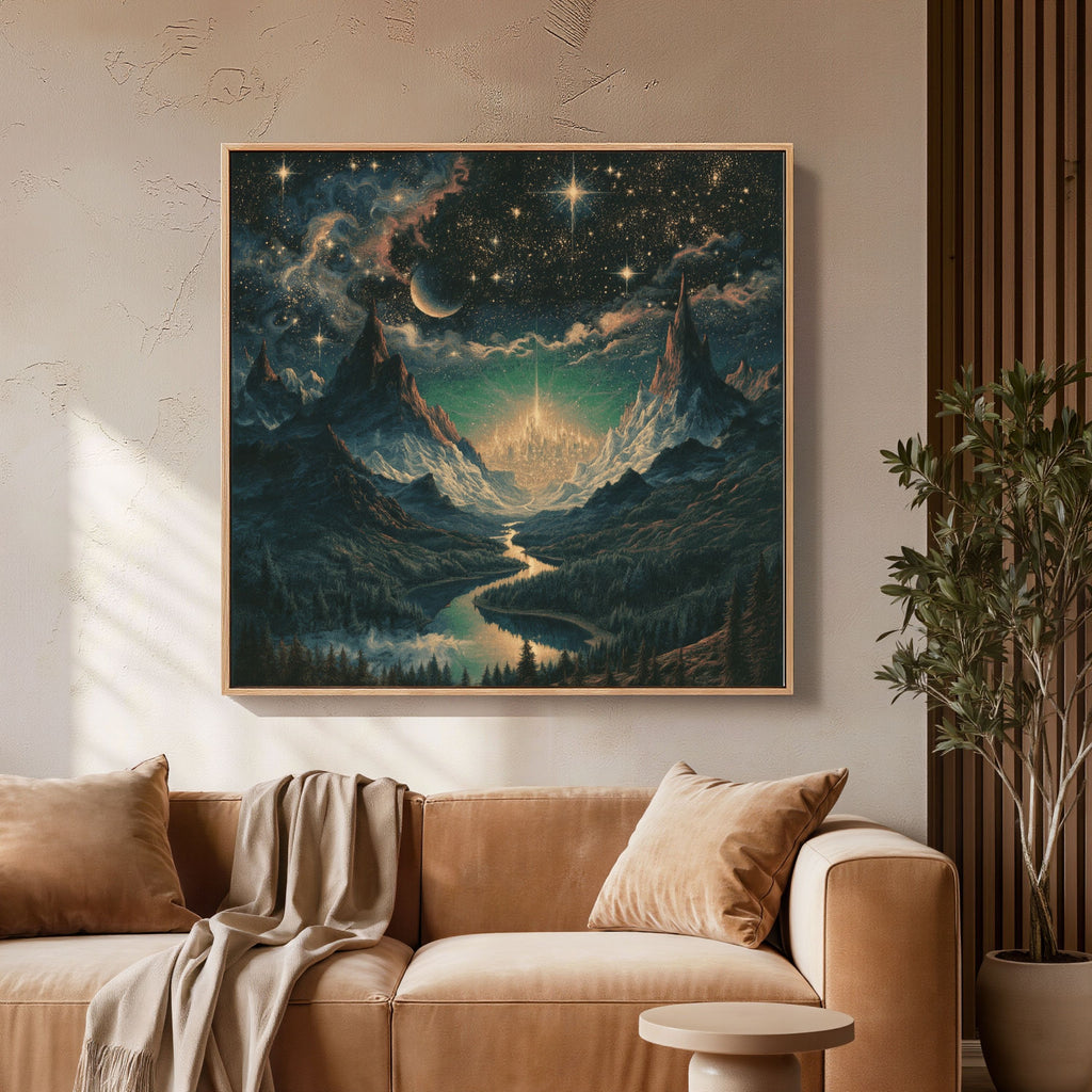 Celestial Fantasy Squared Framed Canvas | Cosmic Gothic Dreamy Wall Art | Medieval Starry Night Dorm room decor
