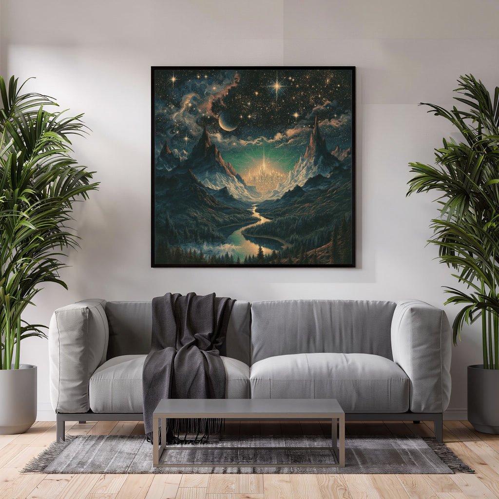 Celestial Fantasy Squared Framed Canvas | Cosmic Gothic Dreamy Wall Art | Medieval Starry Night Dorm room decor