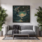 Celestial Fantasy Squared Framed Canvas | Cosmic Gothic Dreamy Wall Art | Medieval Starry Night Dorm room decor