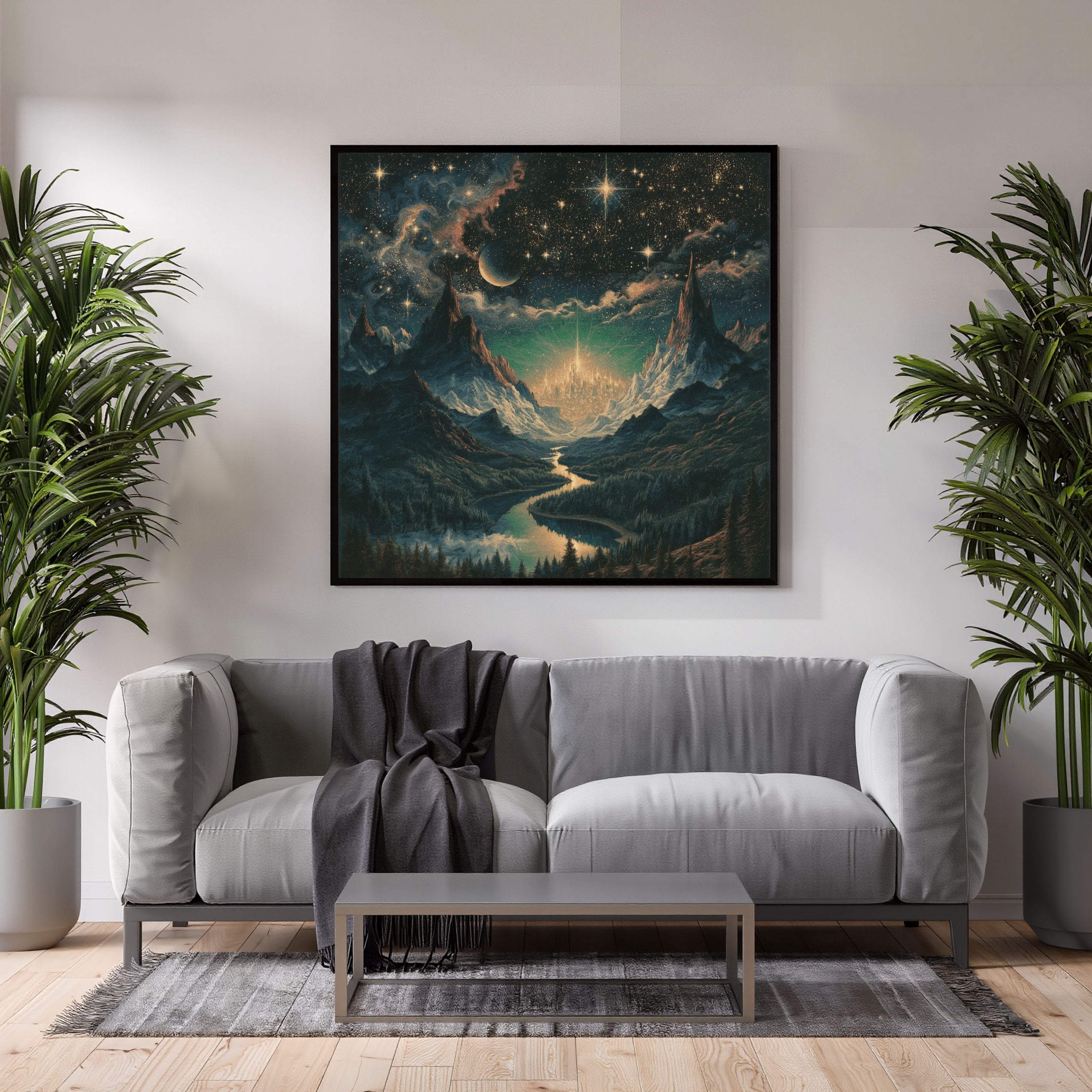Celestial Fantasy Squared Framed Canvas | Cosmic Gothic Dreamy Wall Art | Medieval Starry Night Dorm room decor