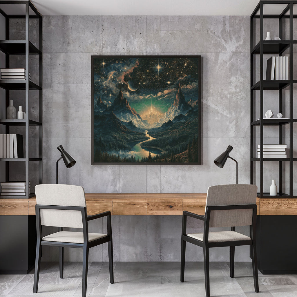 Celestial Fantasy Squared Framed Canvas | Cosmic Gothic Dreamy Wall Art | Medieval Starry Night Dorm room decor