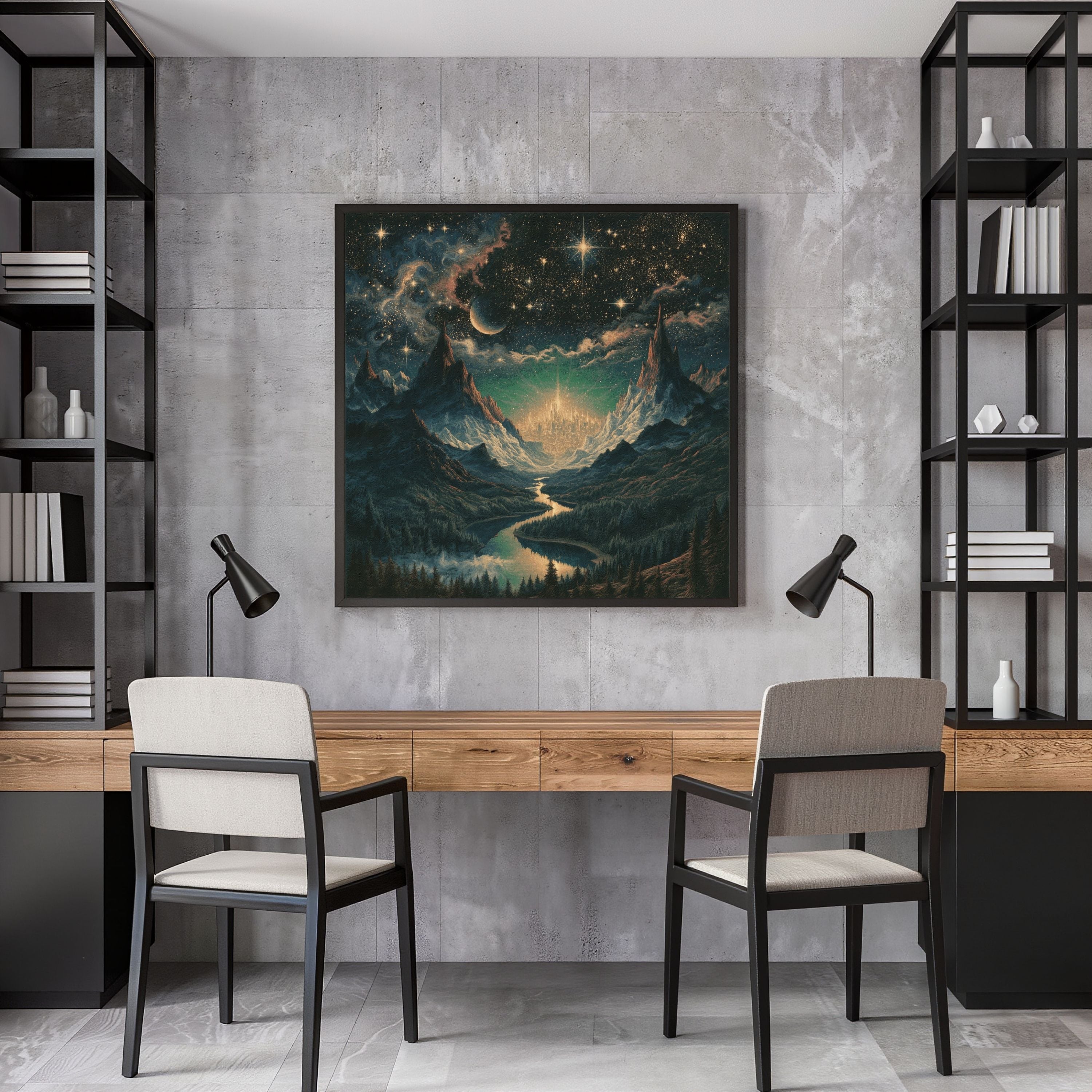 Celestial Fantasy Squared Framed Canvas | Cosmic Gothic Dreamy Wall Art | Medieval Starry Night Dorm room decor