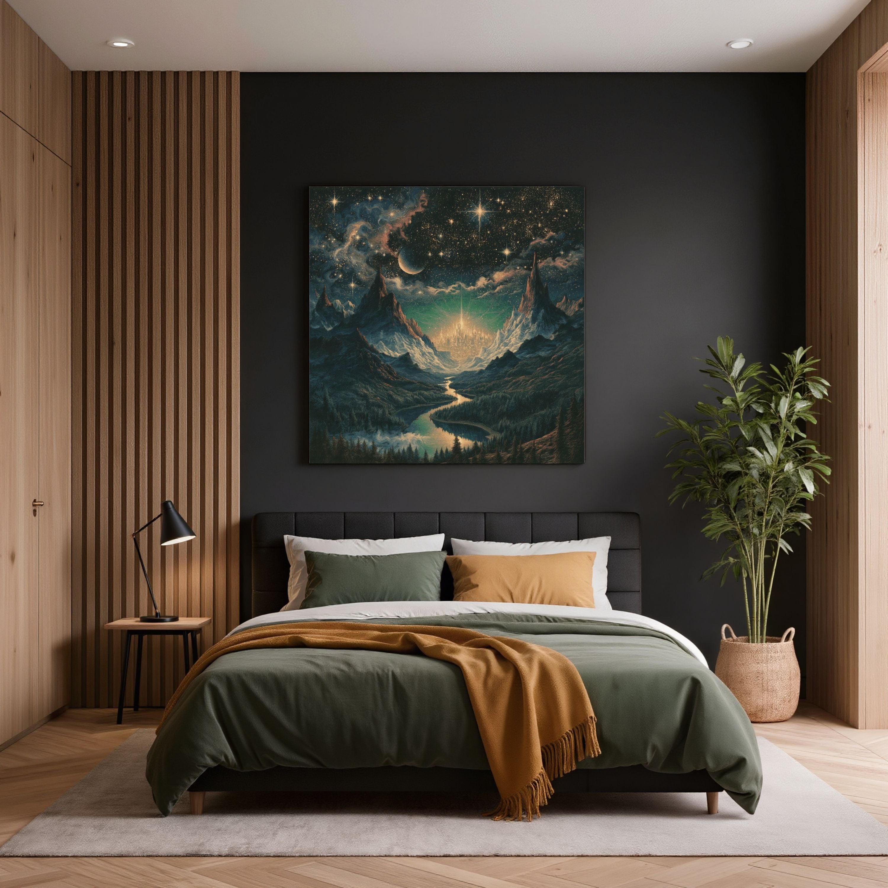 Celestial Fantasy Squared Framed Canvas | Cosmic Gothic Dreamy Wall Art | Medieval Starry Night Dorm room decor