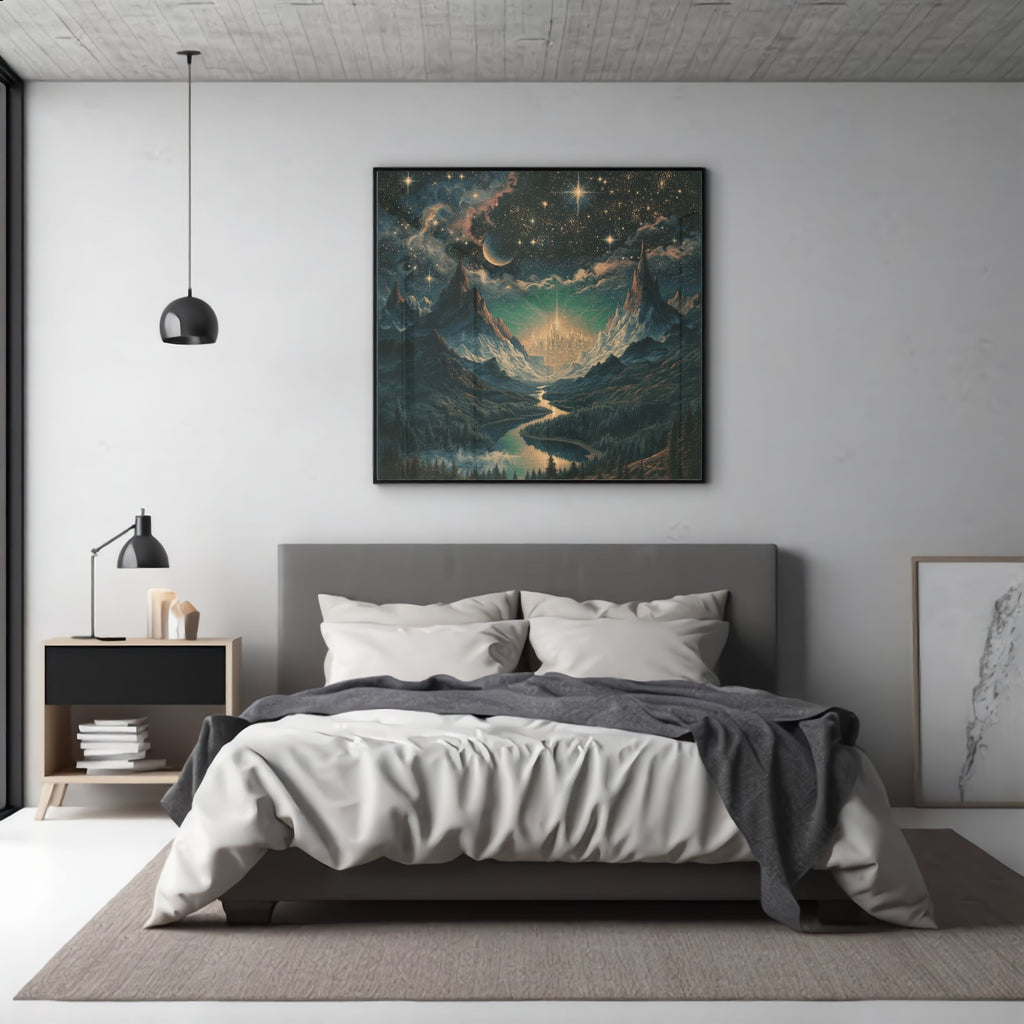Celestial Fantasy Squared Framed Canvas | Cosmic Gothic Dreamy Wall Art | Medieval Starry Night Dorm room decor