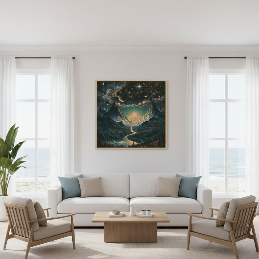 Celestial Fantasy Squared Framed Canvas | Cosmic Gothic Dreamy Wall Art | Medieval Starry Night Dorm room decor