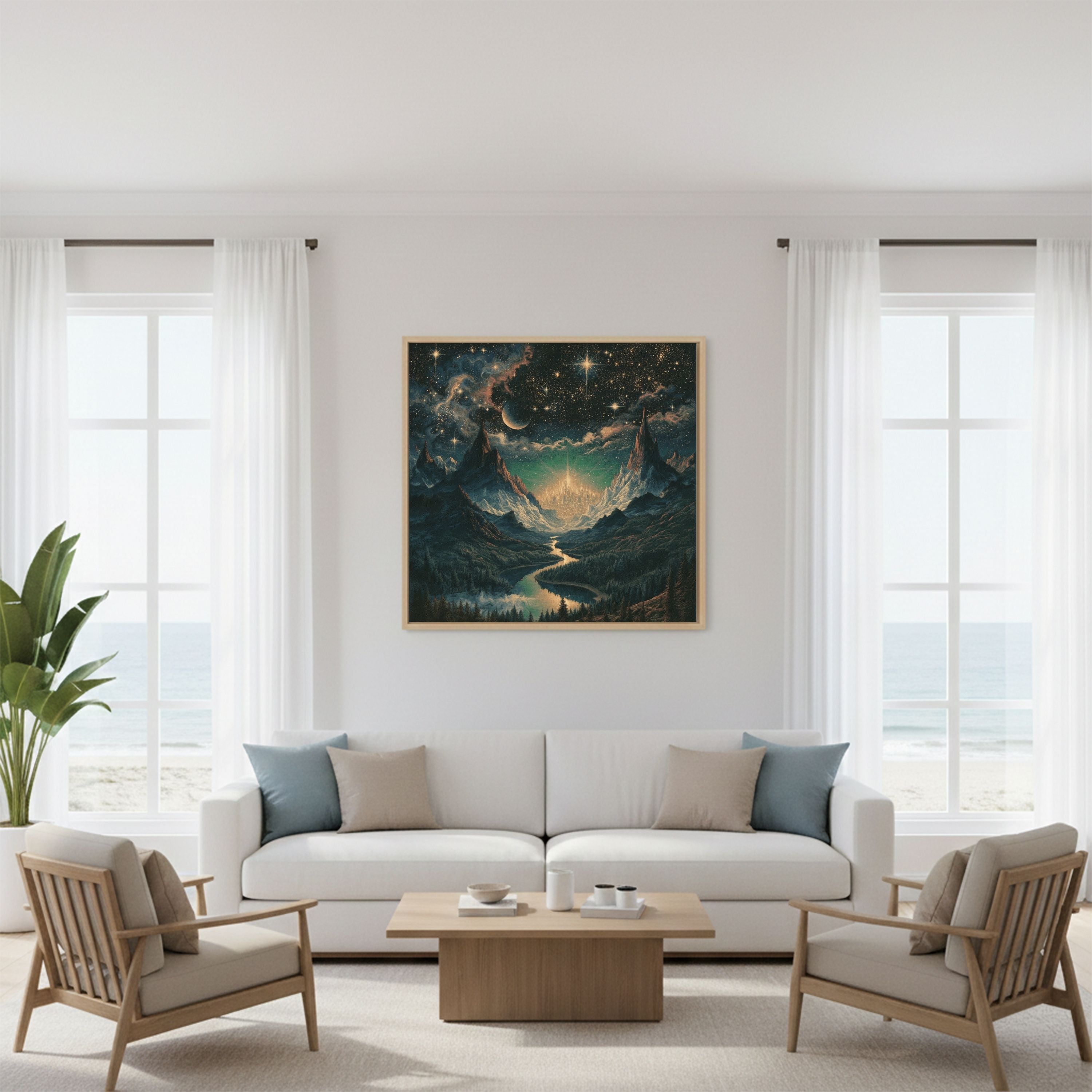 Celestial Fantasy Squared Framed Canvas | Cosmic Gothic Dreamy Wall Art | Medieval Starry Night Dorm room decor