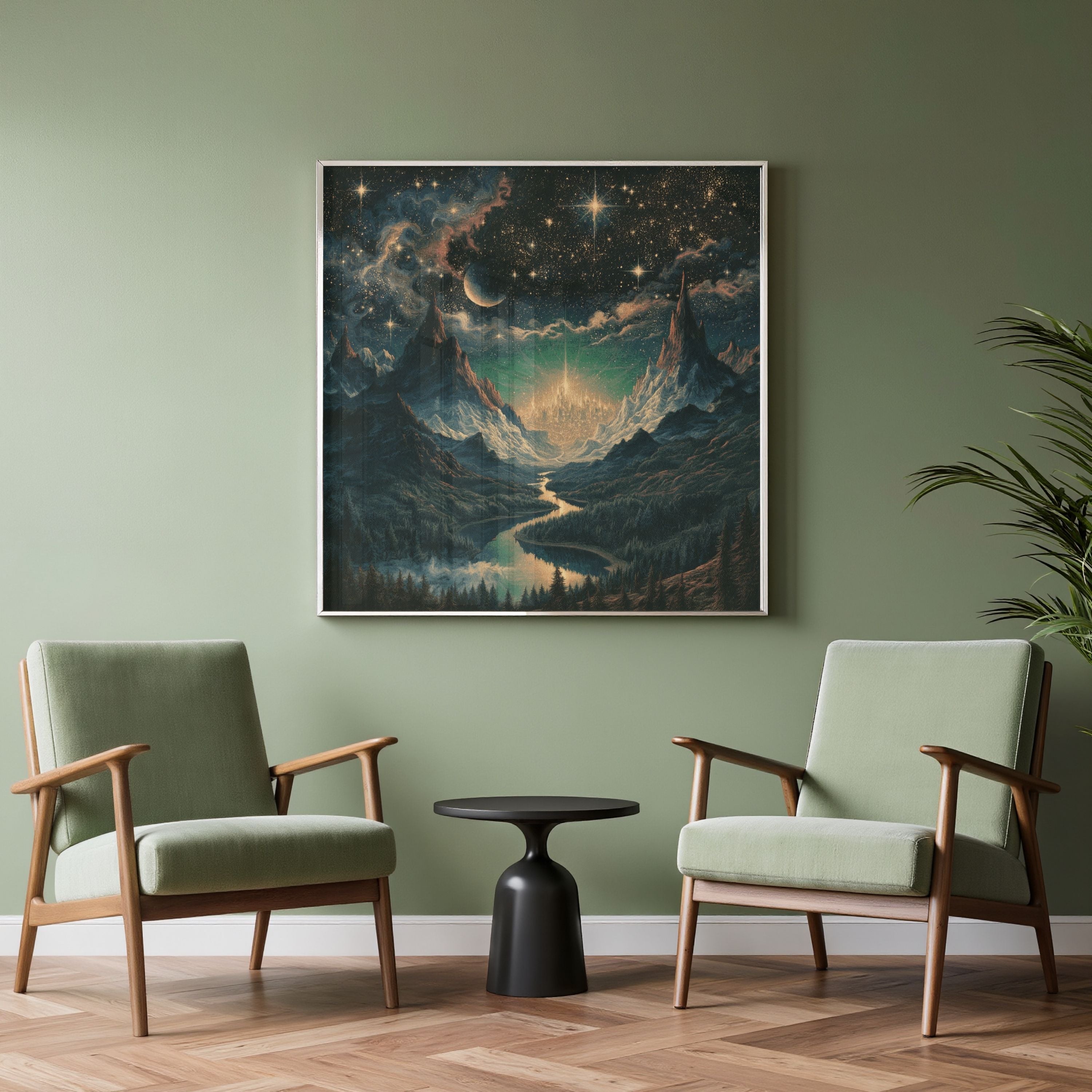 Celestial Fantasy Squared Framed Canvas | Cosmic Gothic Dreamy Wall Art | Medieval Starry Night Dorm room decor