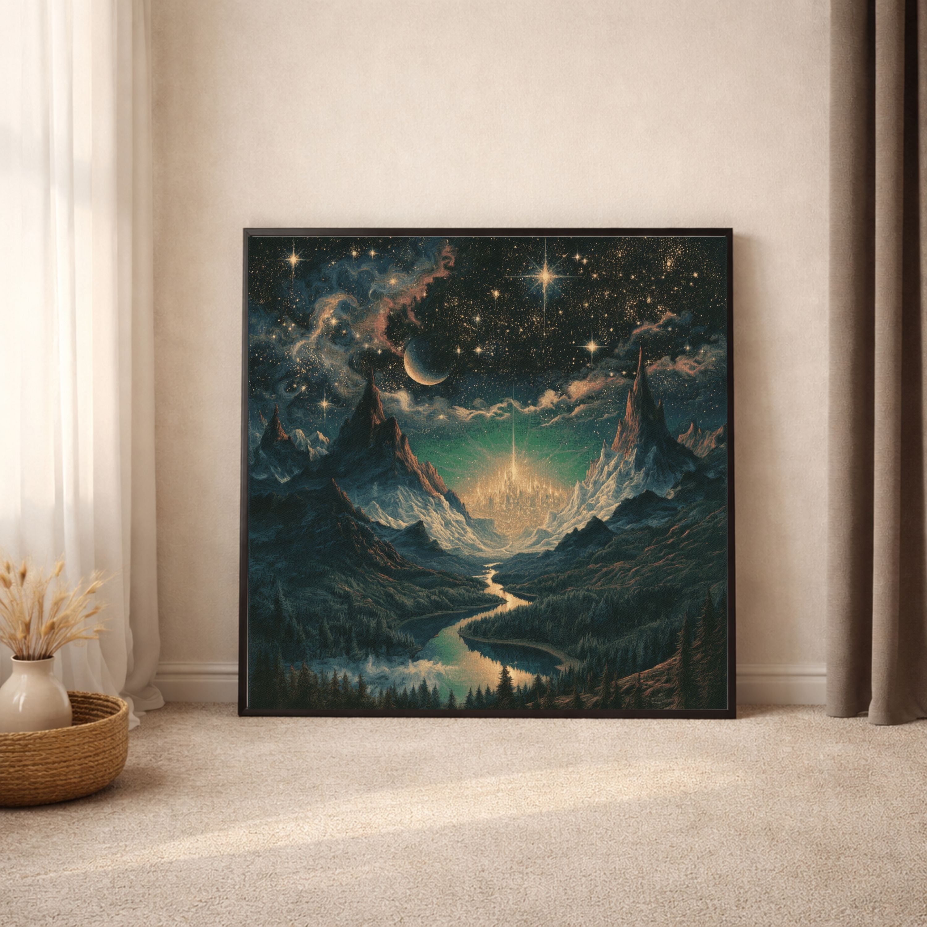 Celestial Fantasy Squared Framed Canvas | Cosmic Gothic Dreamy Wall Art | Medieval Starry Night Dorm room decor