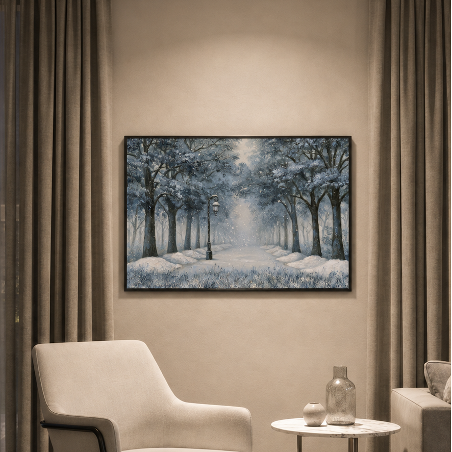 Snowy Tree Lane Matte Canvas Framed | Winter Landscape Wall Art