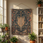 Vintage medeival sword woven tapestry. Living room wall art fantasy dark home decor.