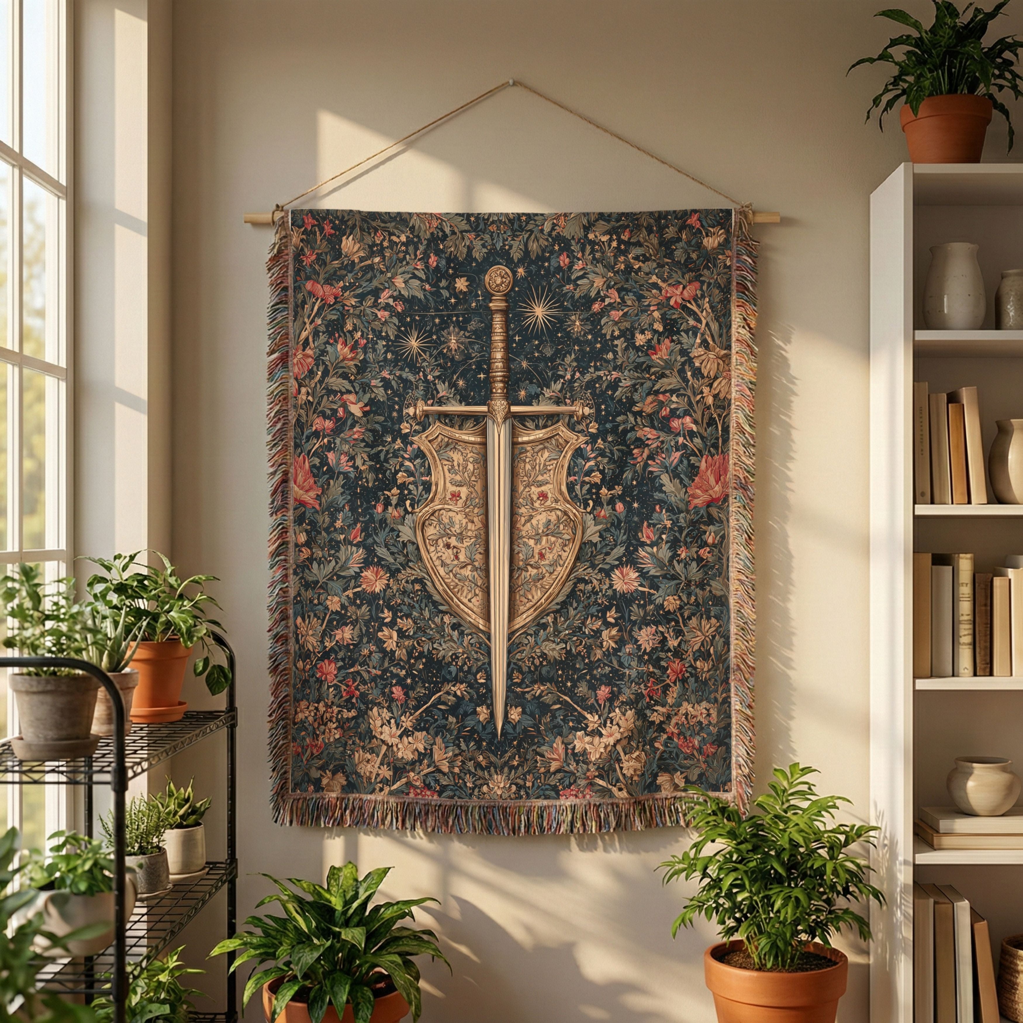 Vintage medeival sword woven tapestry. Living room wall art fantasy dark home decor.