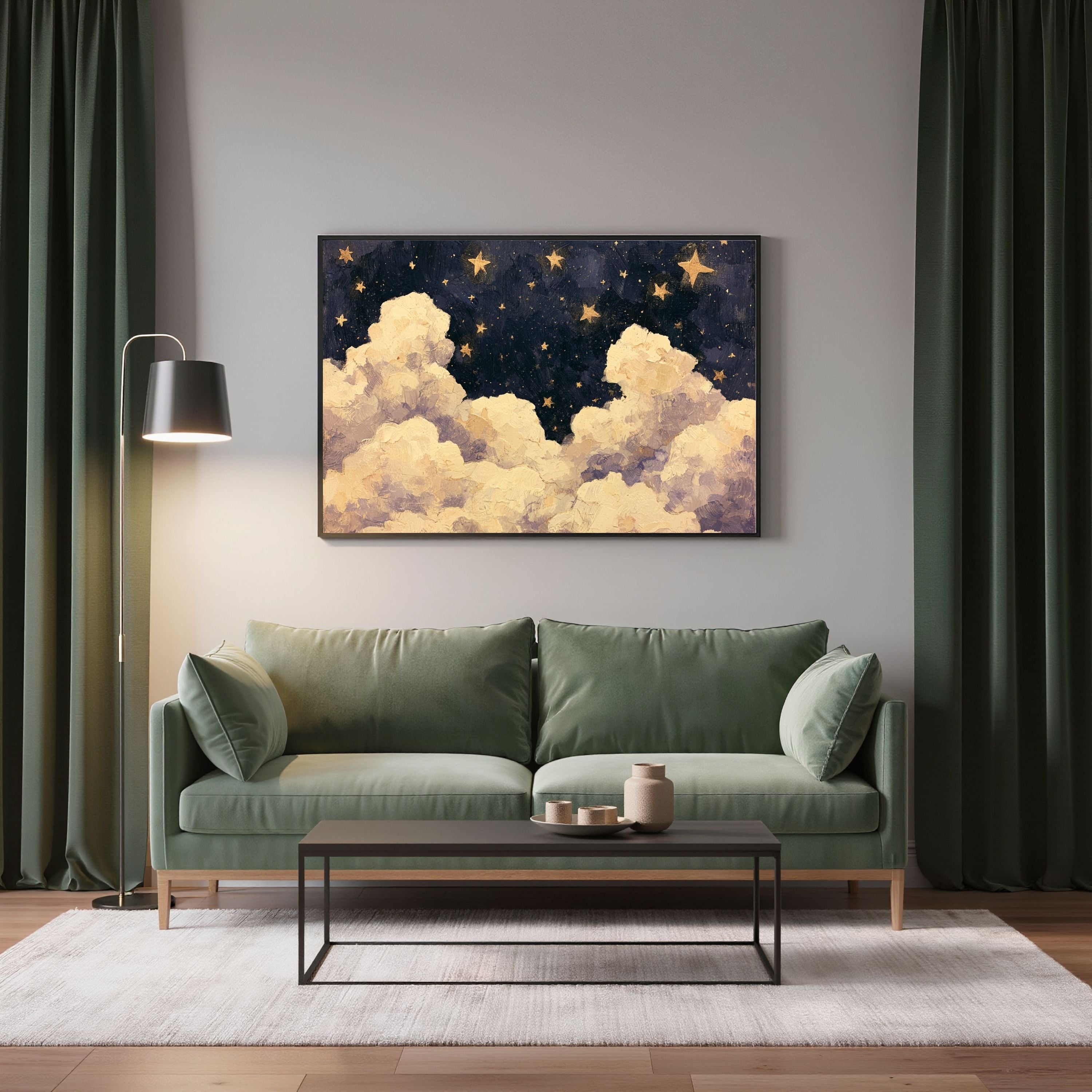 Blue Starry Night Clouds Painting