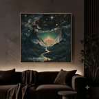 Celestial Fantasy Squared Framed Canvas | Cosmic Gothic Dreamy Wall Art | Medieval Starry Night Dorm room decor. Perfect home decor wall hanging for game rooms, movie rooms, living rooms and apartments. Gallery wall and fantasy decor lovers gifts.