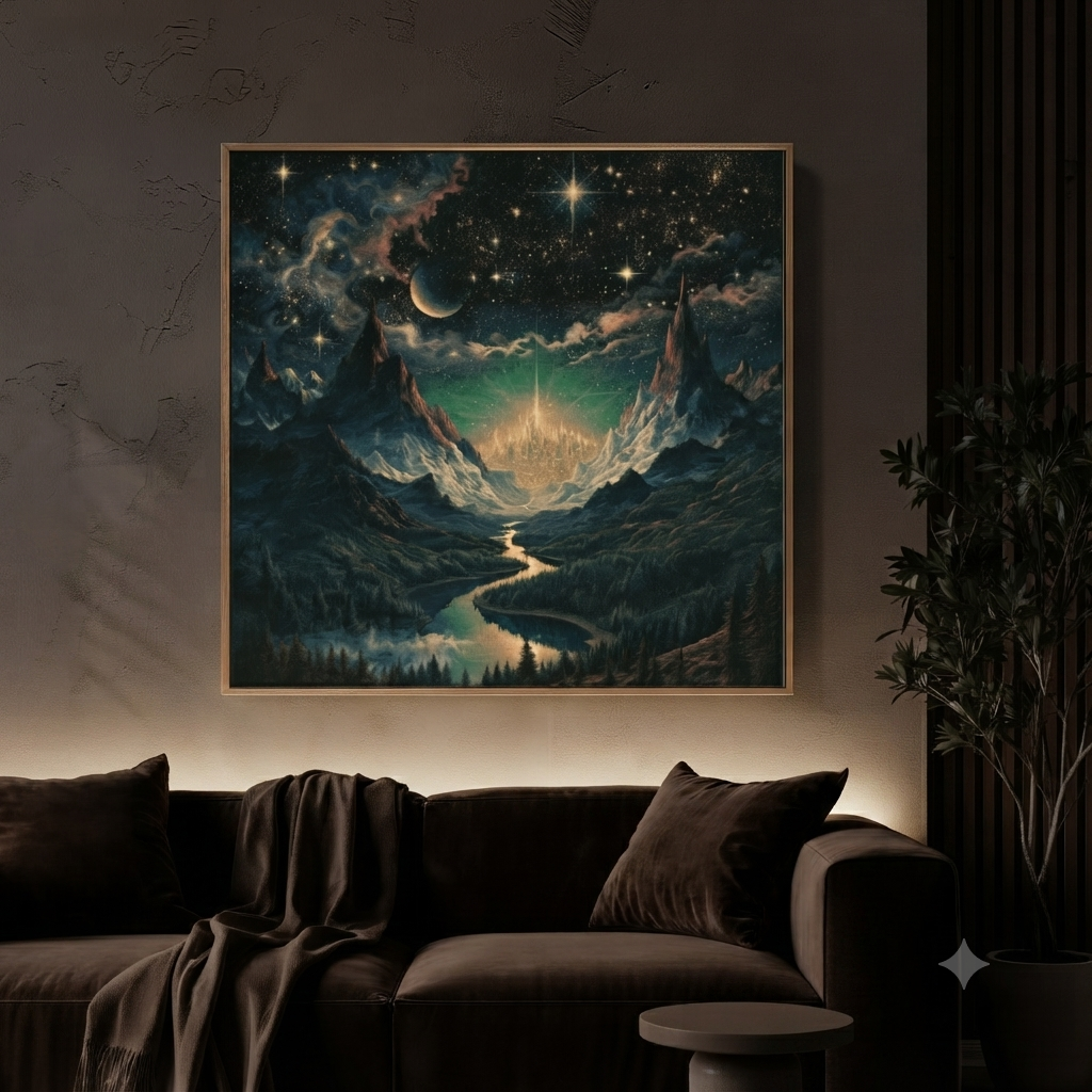 Celestial Fantasy Squared Framed Canvas | Cosmic Gothic Dreamy Wall Art | Medieval Starry Night Dorm room decor. Perfect home decor wall hanging for game rooms, movie rooms, living rooms and apartments. Gallery wall and fantasy decor lovers gifts.